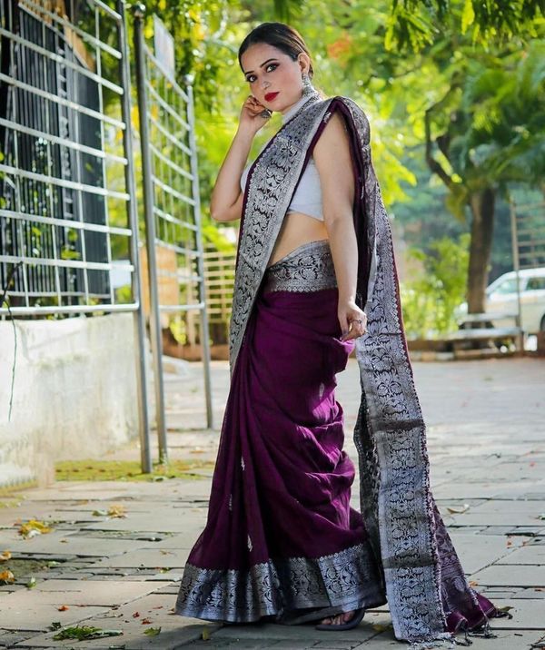 Varnavi Purple Banarasi Soft Silk Saree with Silver Floral Border
