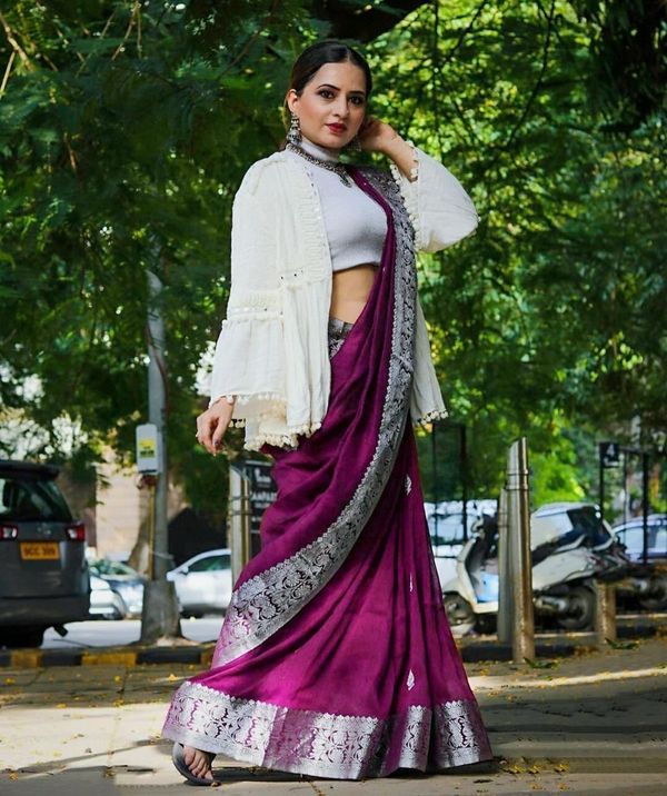 Varnavi Purple Banarasi Soft Silk Saree with Silver Floral Border