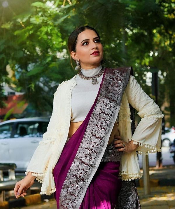 Varnavi Purple Banarasi Soft Silk Saree with Silver Floral Border