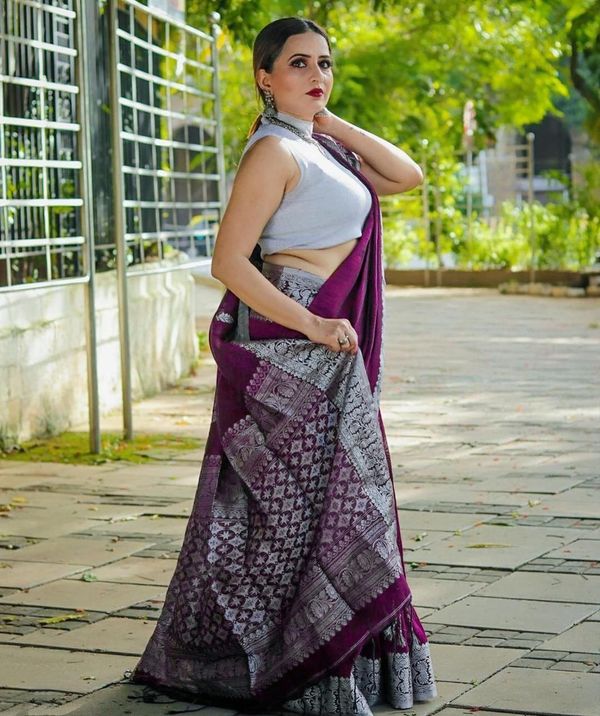 Varnavi Purple Banarasi Soft Silk Saree with Silver Floral Border
