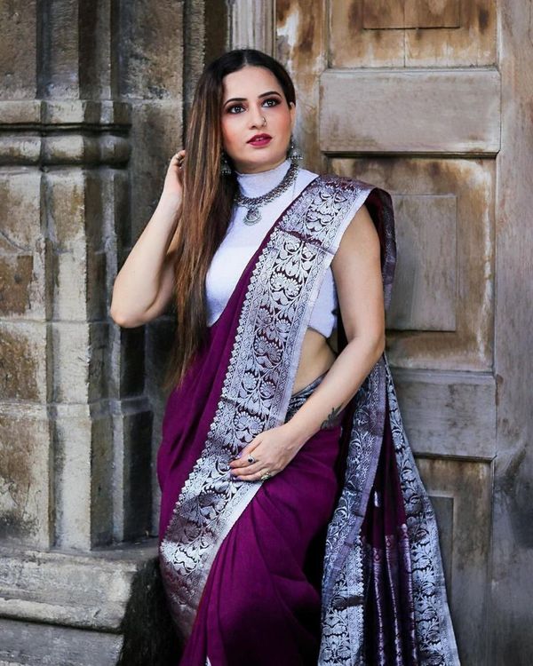 Varnavi Purple Banarasi Soft Silk Saree with Silver Floral Border