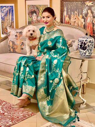 Teal Green Banarasi Soft Silk Saree with Golden Floral Zari Border