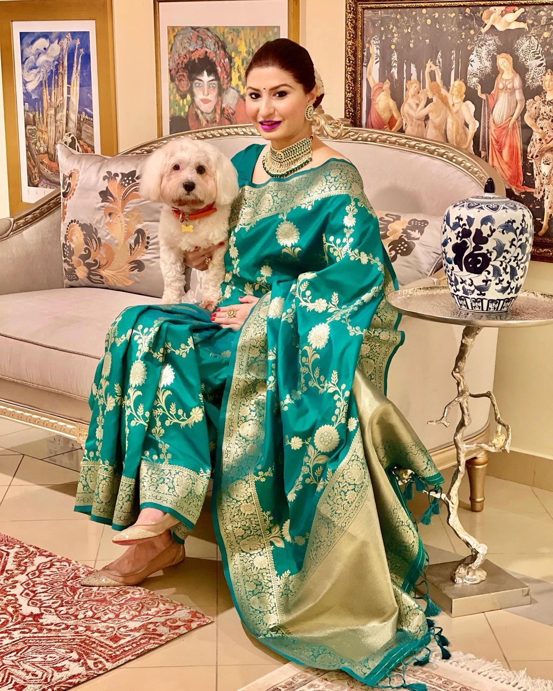 Teal Green Banarasi Soft Silk Saree with Golden Floral Zari Border