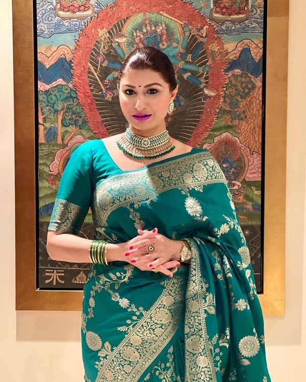 Teal Green Banarasi Soft Silk Saree with Golden Floral Zari Border