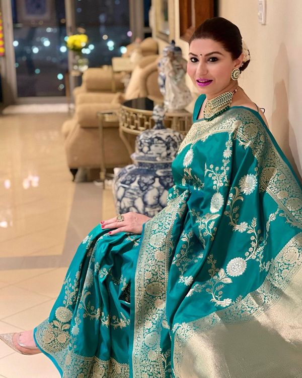 Teal Green Banarasi Soft Silk Saree with Golden Floral Zari Border