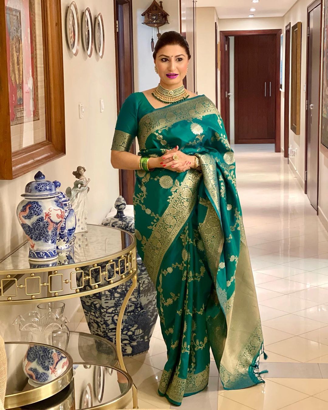 Teal Green Banarasi Soft Silk Saree with Golden Floral Zari Border