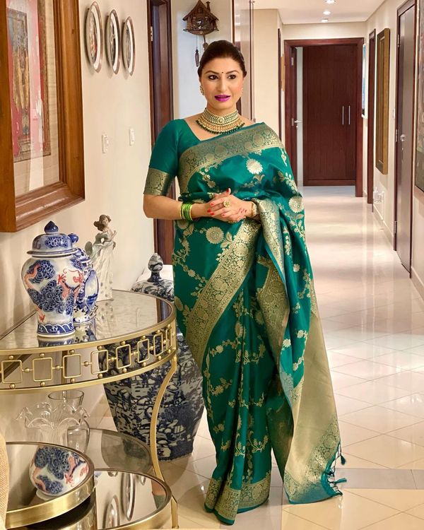 Teal Green Banarasi Soft Silk Saree with Golden Floral Zari Border