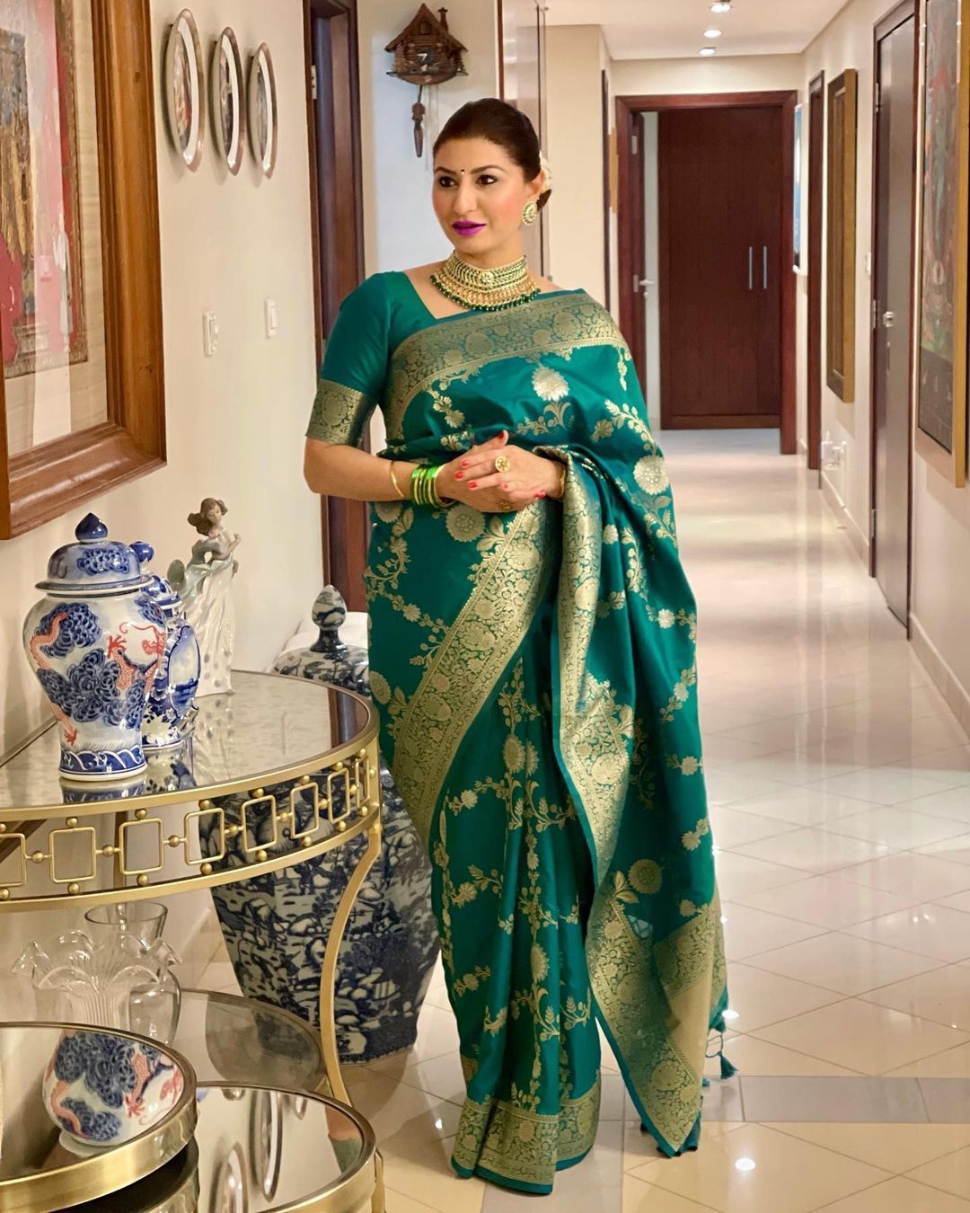Teal Green Banarasi Soft Silk Saree with Golden Floral Zari Border