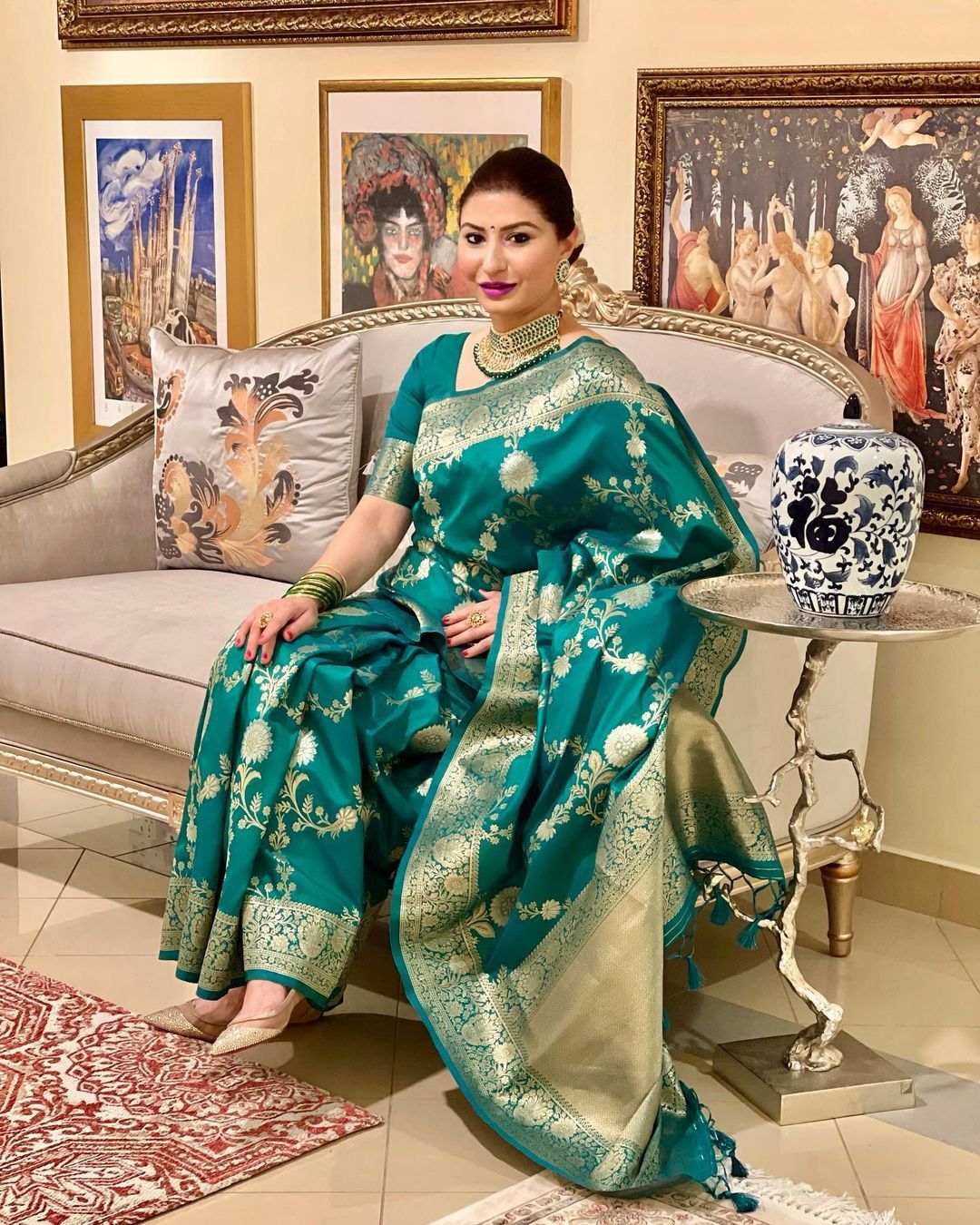 Teal Green Banarasi Soft Silk Saree with Golden Floral Zari Border