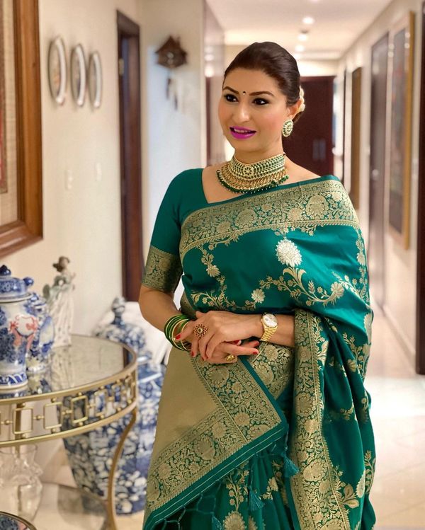 Teal Green Banarasi Soft Silk Saree with Golden Floral Zari Border