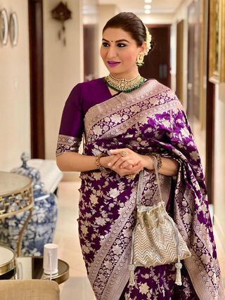 Purple Banarasi Soft Silk Saree with Golden Floral Motifs