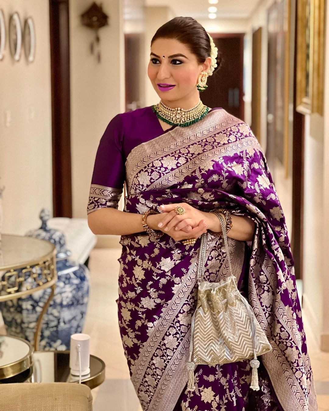 Purple Banarasi Soft Silk Saree with Golden Floral Motifs