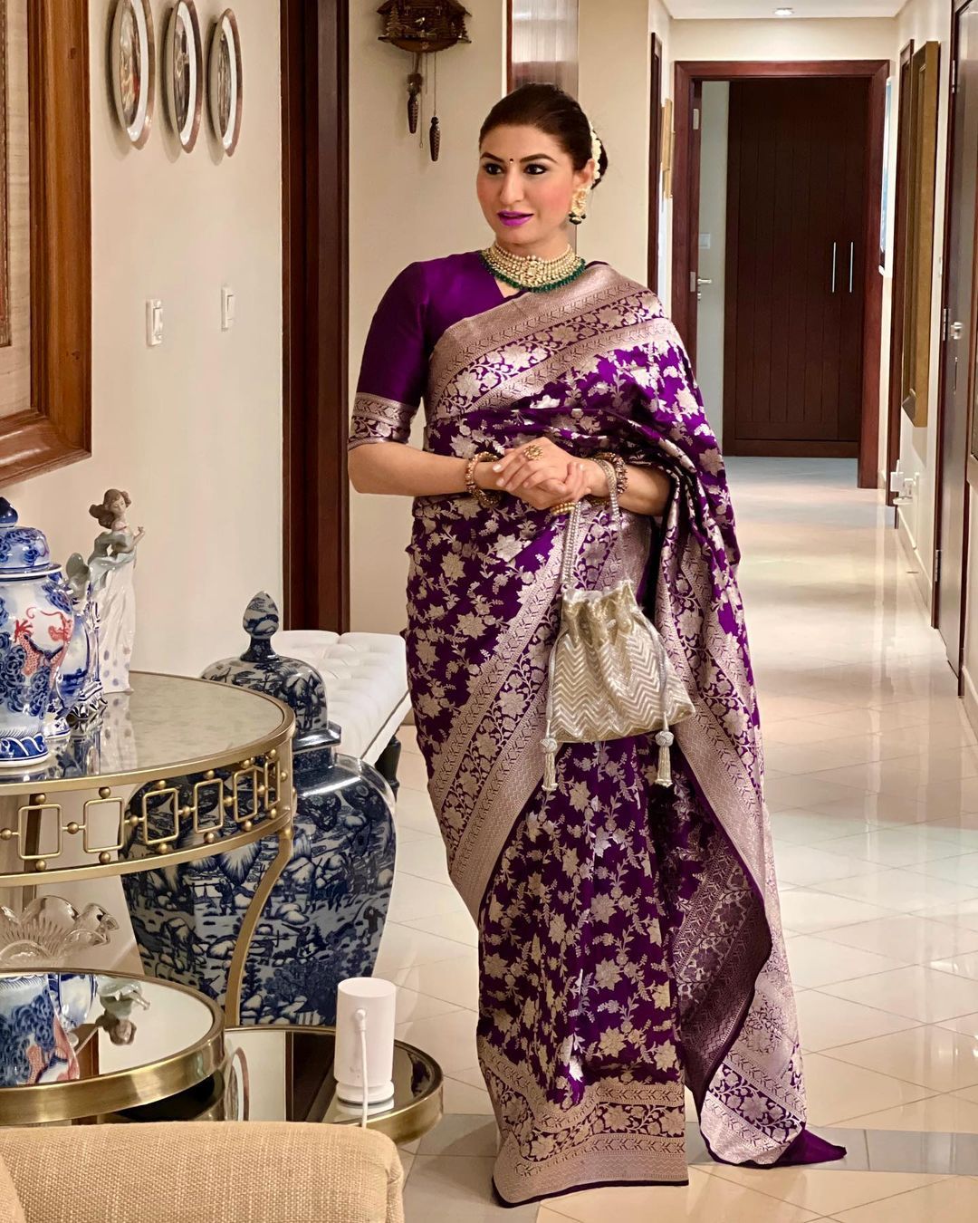 Purple Banarasi Soft Silk Saree with Golden Floral Motifs