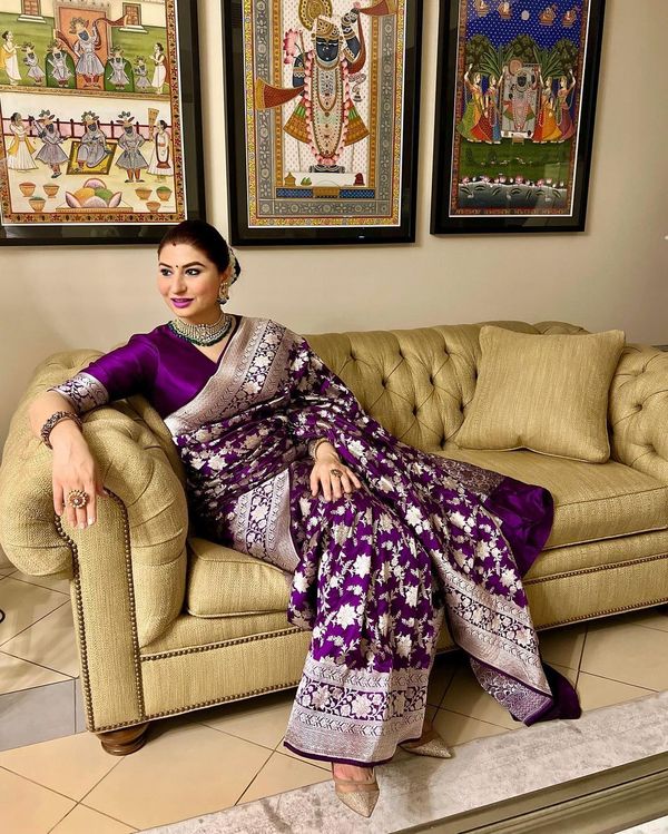 Purple Banarasi Soft Silk Saree with Golden Floral Motifs