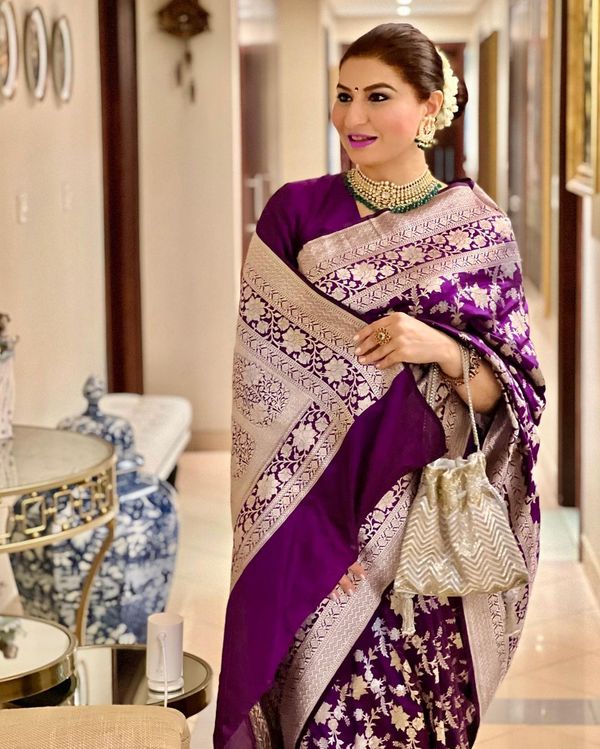 Purple Banarasi Soft Silk Saree with Golden Floral Motifs