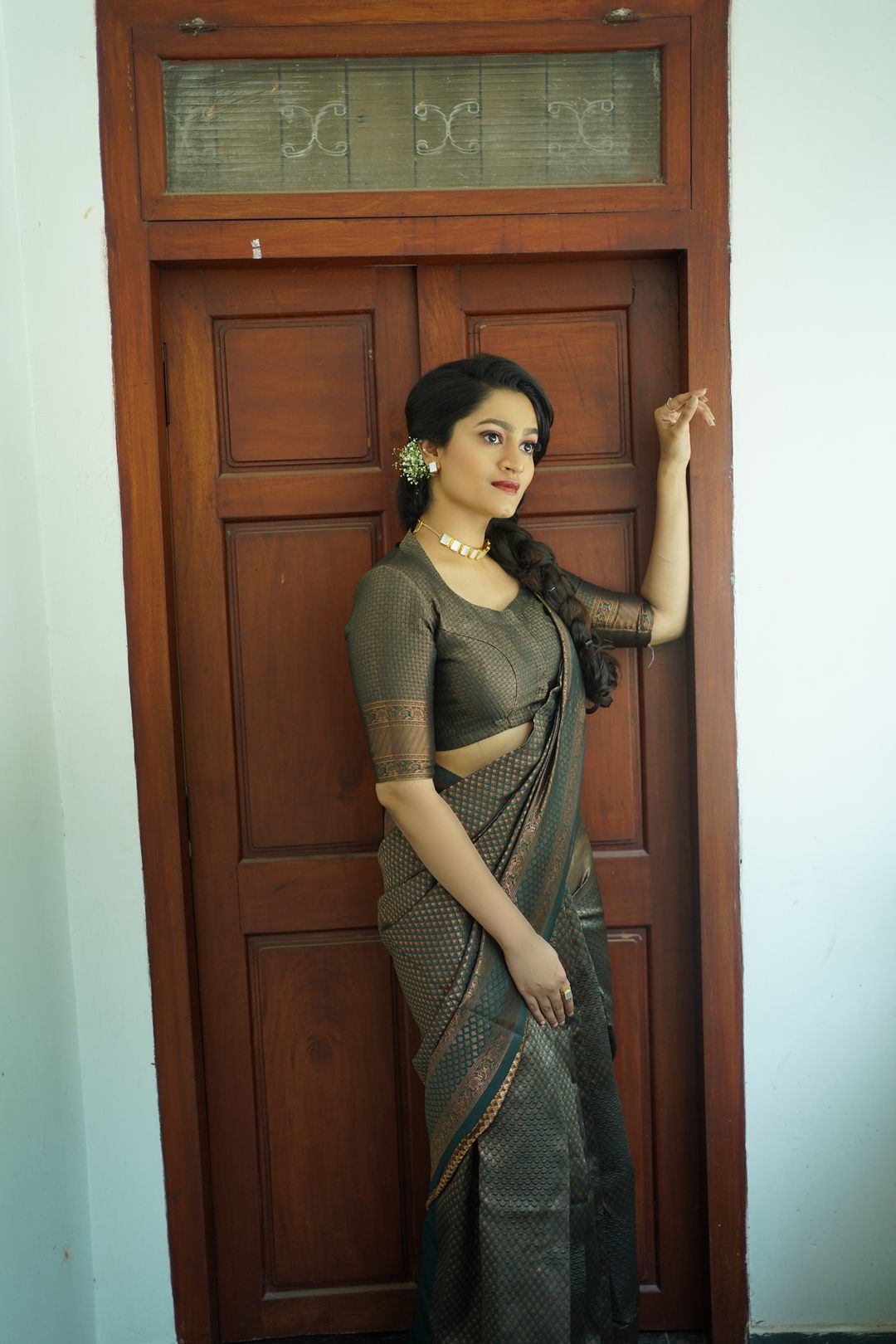 Olive Green Banarasi Soft Silk Saree with Golden Motifs