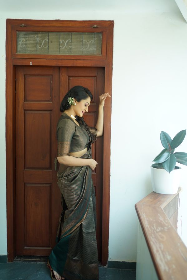 Olive Green Banarasi Soft Silk Saree with Golden Motifs