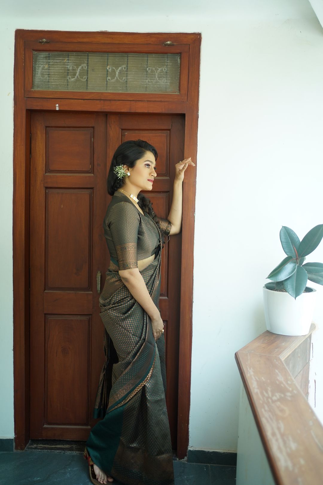 Olive Green Banarasi Soft Silk Saree with Golden Motifs