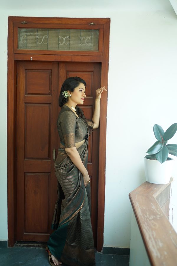 Olive Green Banarasi Soft Silk Saree with Golden Motifs