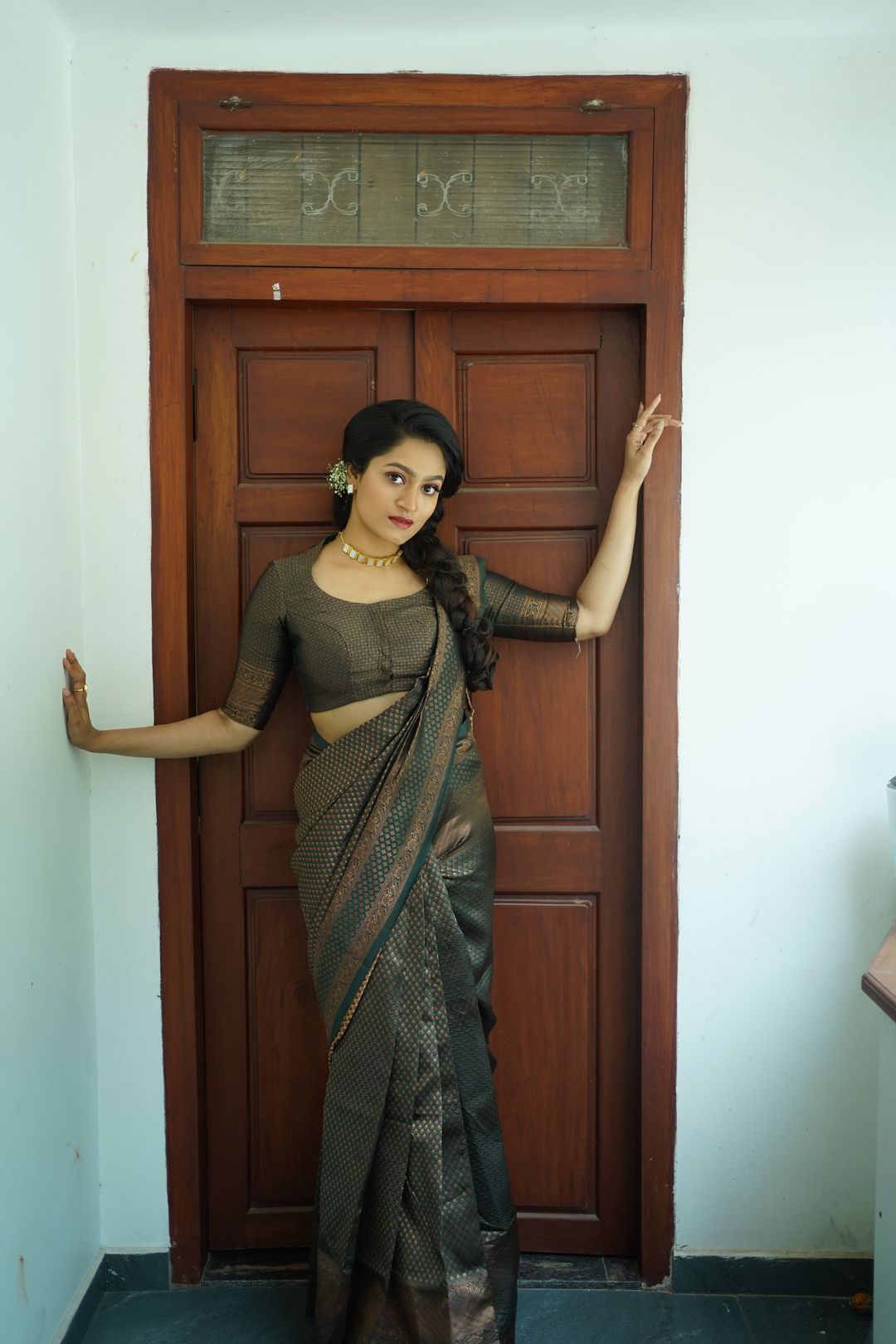 Olive Green Banarasi Soft Silk Saree with Golden Motifs