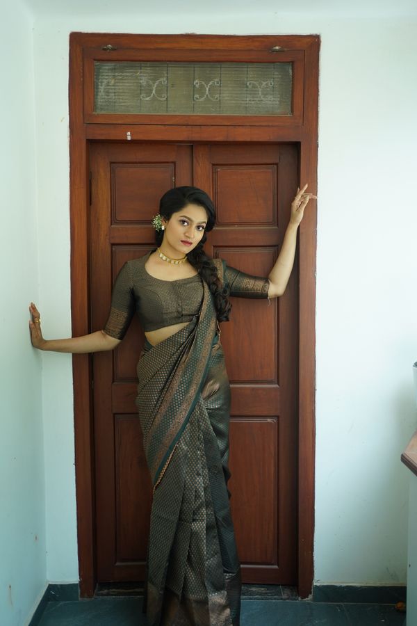 Olive Green Banarasi Soft Silk Saree with Golden Motifs