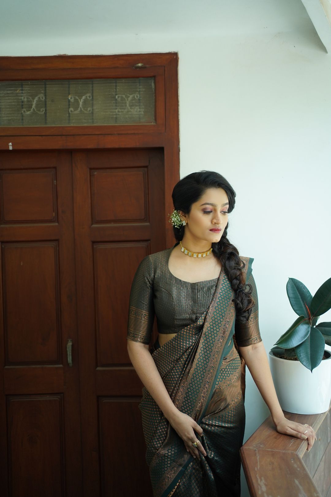 Olive Green Banarasi Soft Silk Saree with Golden Motifs