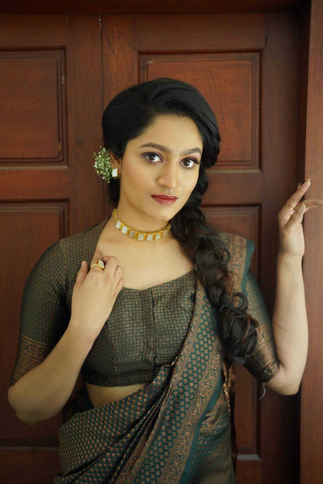 Olive Green Banarasi Soft Silk Saree with Golden Motifs