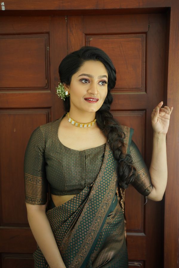 Olive Green Banarasi Soft Silk Saree with Golden Motifs