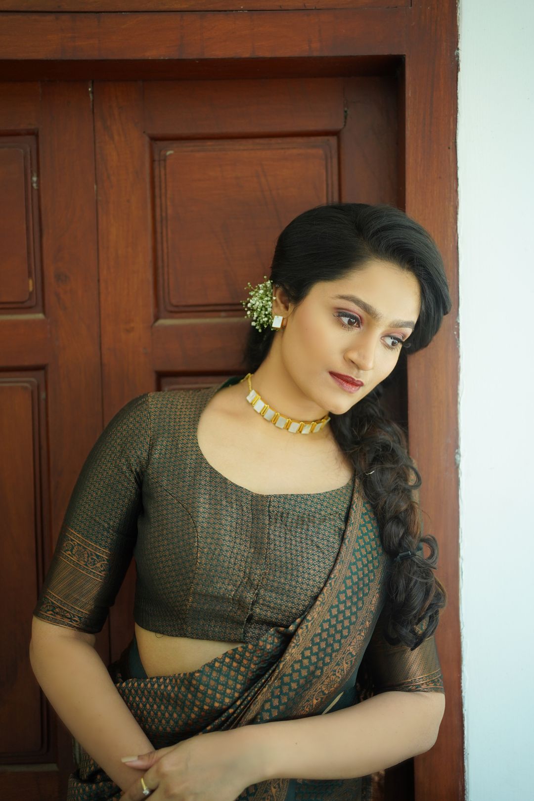 Olive Green Banarasi Soft Silk Saree with Golden Motifs