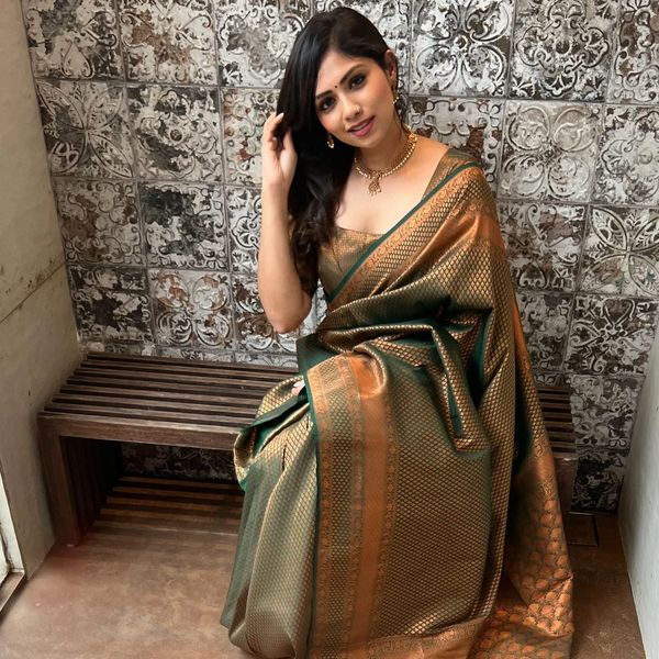 Bottle Green Banarasi Soft Silk Saree with Copper Gold Border