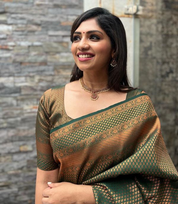 Bottle Green Banarasi Soft Silk Saree with Copper Gold Border