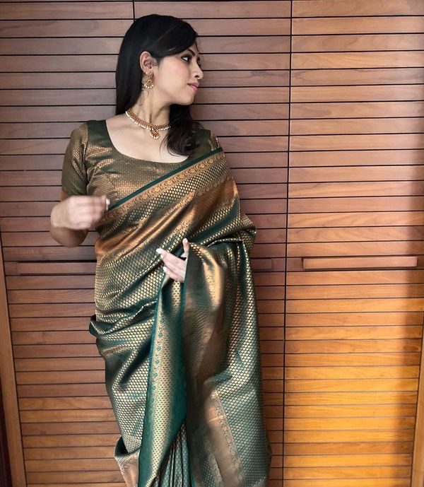 Bottle Green Banarasi Soft Silk Saree with Copper Gold Border
