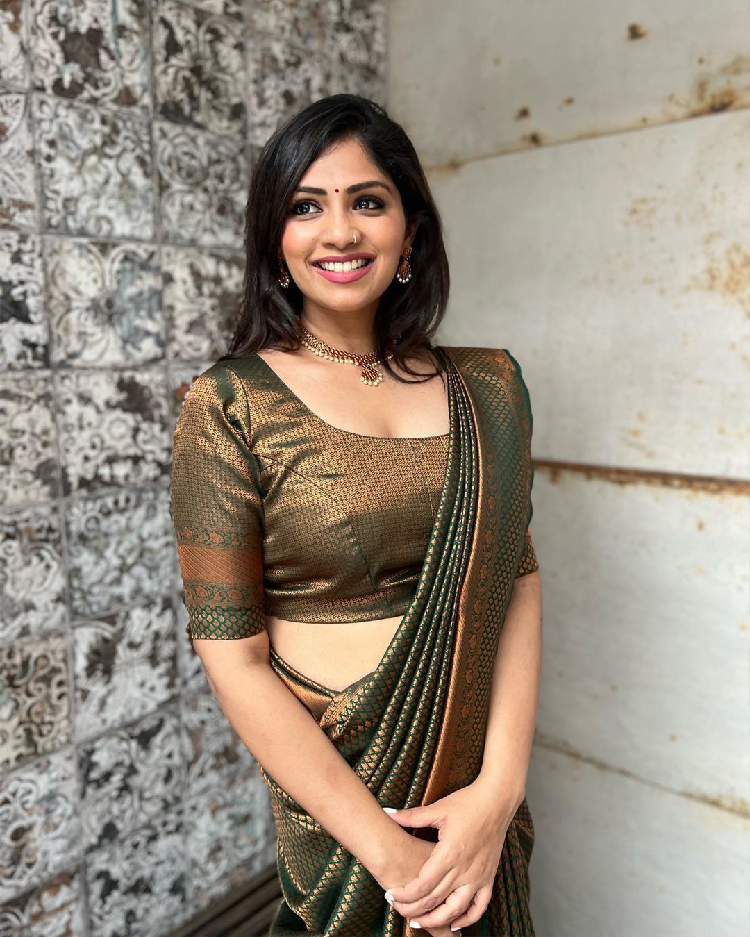 Bottle Green Banarasi Soft Silk Saree with Copper Gold Border