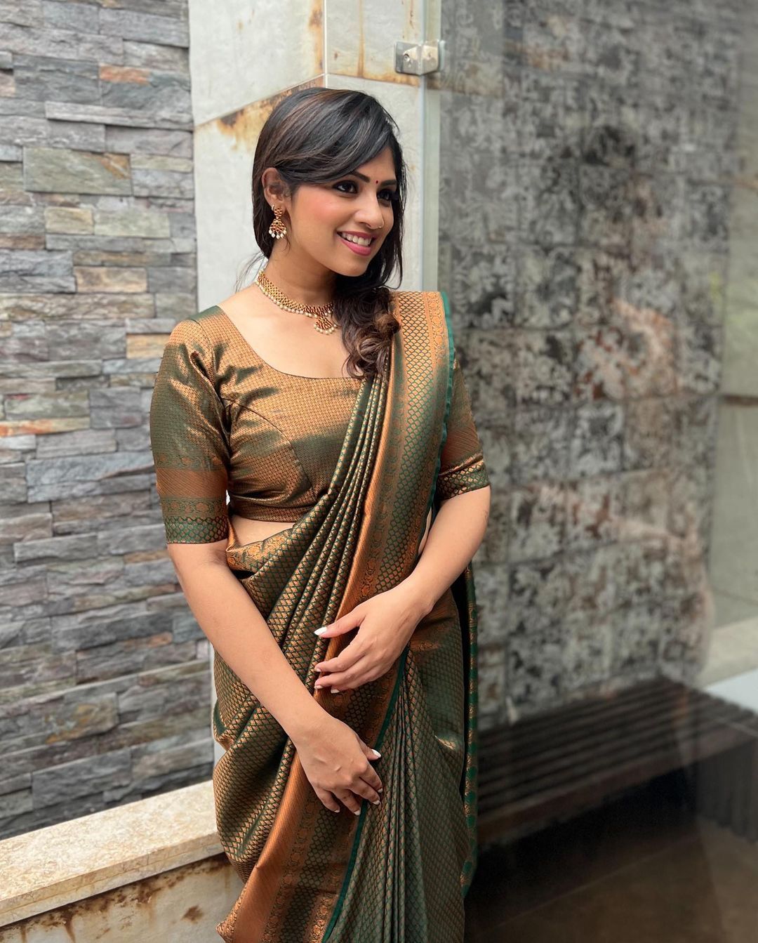 Bottle Green Banarasi Soft Silk Saree with Copper Gold Border