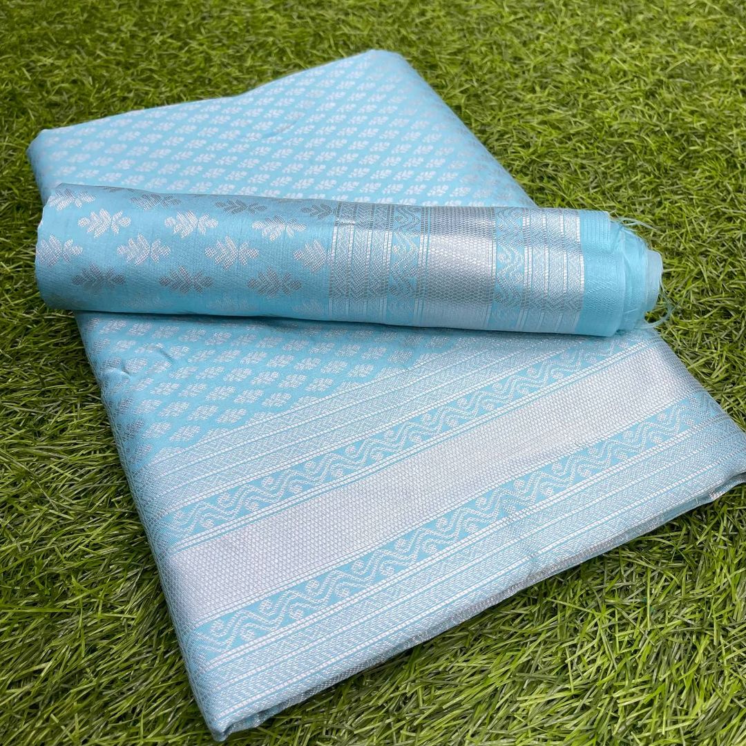 Sky Blue Soft Silk Saree with Elegant Plain Drape and Tassel Border