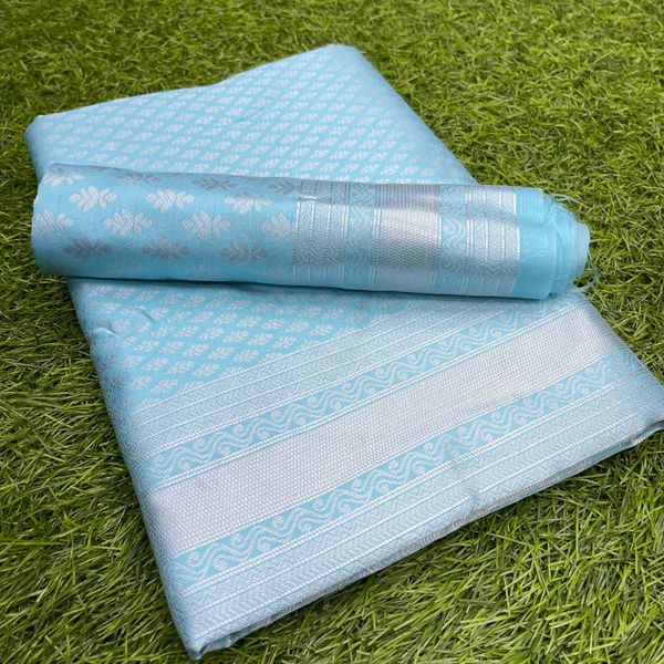 Sky Blue Soft Silk Saree with Elegant Plain Drape and Tassel Border