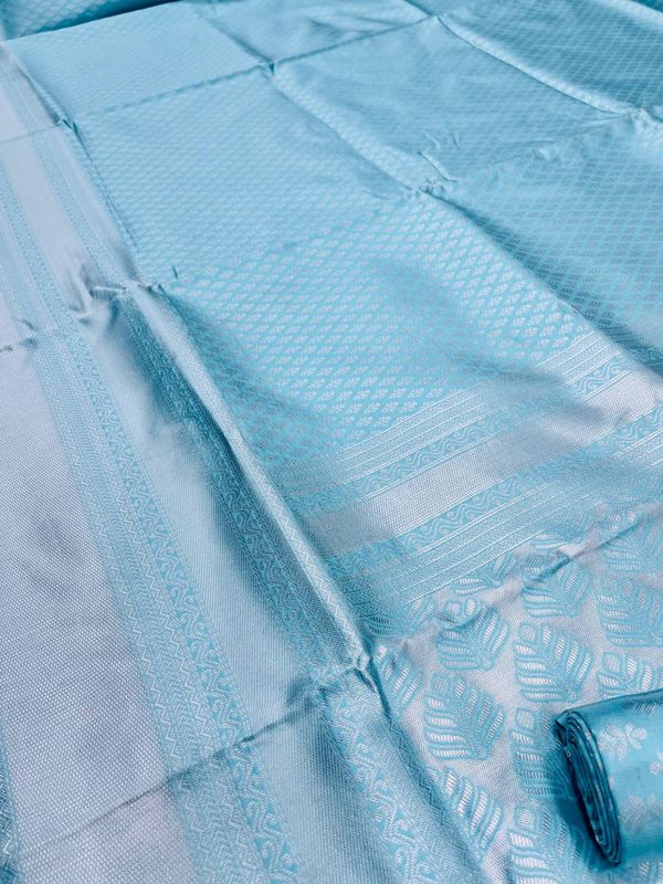 Sky Blue Soft Silk Saree with Elegant Plain Drape and Tassel Border