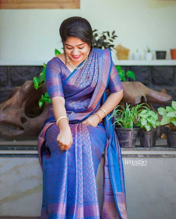 Blue Purple Banarasi Soft Silk Saree with Woven Border