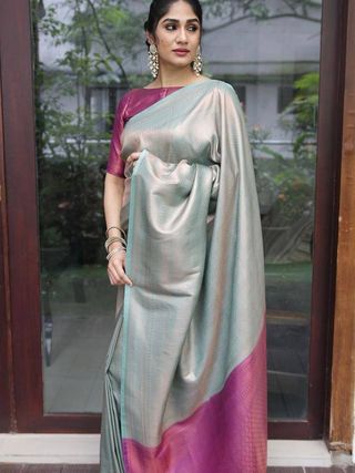 Silver Grey Banarasi Soft Silk Saree with Magenta Pallu