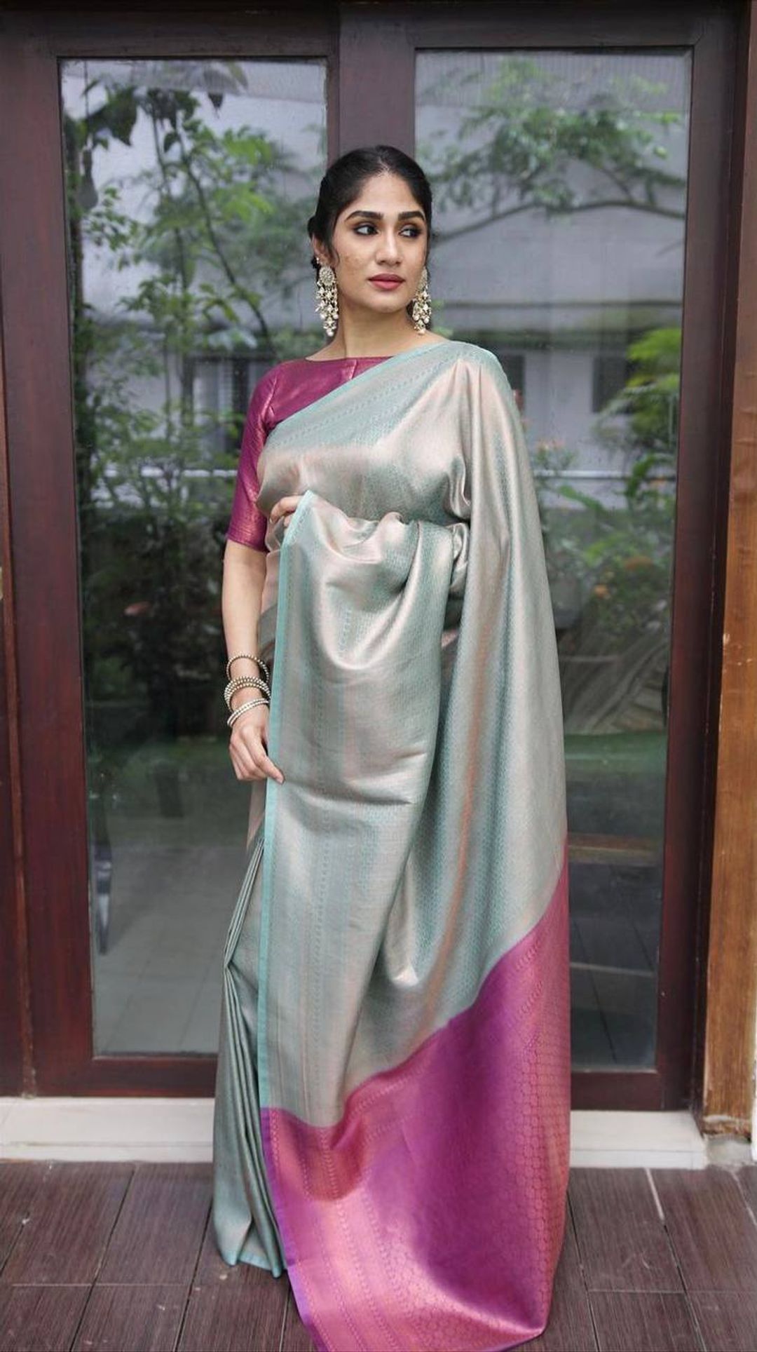 Silver Grey Banarasi Soft Silk Saree with Magenta Pallu