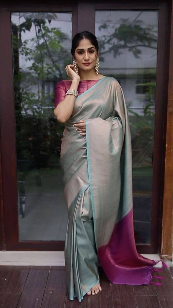 Silver Grey Banarasi Soft Silk Saree with Magenta Pallu