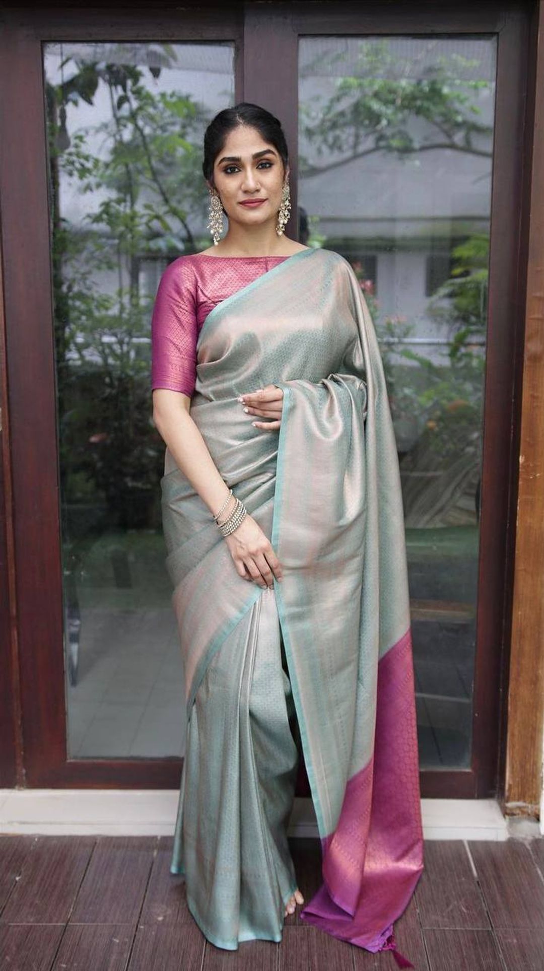 Silver Grey Banarasi Soft Silk Saree with Magenta Pallu