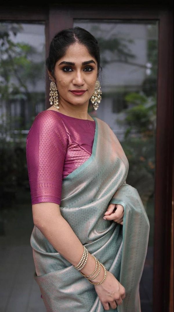 Silver Grey Banarasi Soft Silk Saree with Magenta Pallu