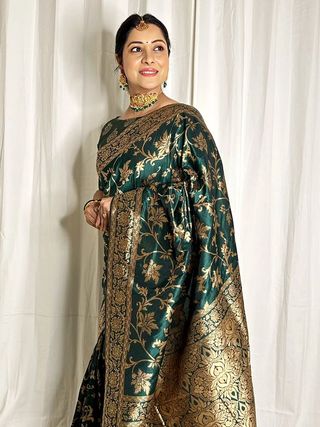 Varnavi Dark Green Banarasi Soft Silk Saree with Golden Floral Zari