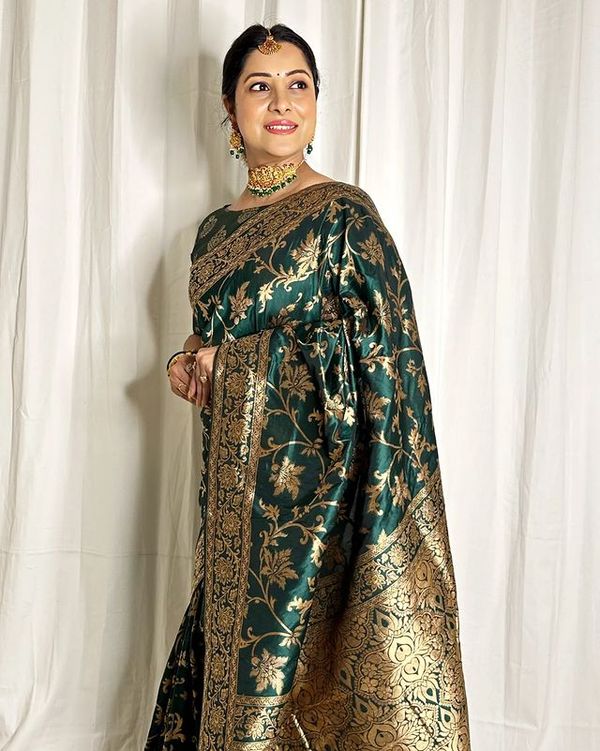 Varnavi Dark Green Banarasi Soft Silk Saree with Golden Floral Zari