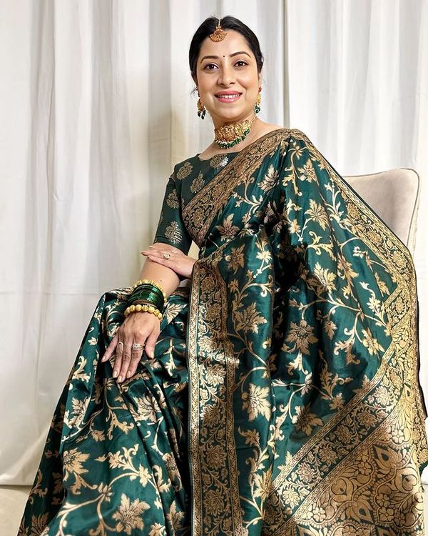 Varnavi Dark Green Banarasi Soft Silk Saree with Golden Floral Zari
