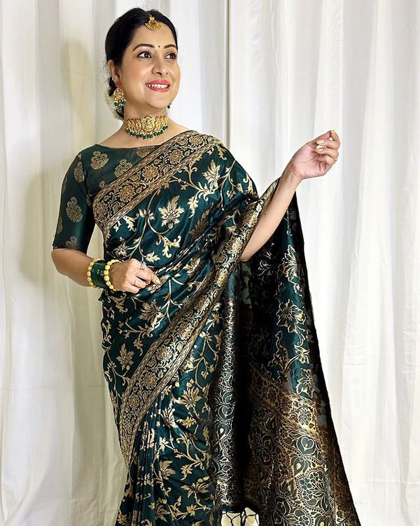 Varnavi Dark Green Banarasi Soft Silk Saree with Golden Floral Zari