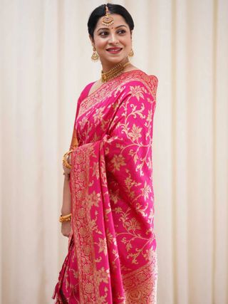 Varnavi Rani Pink Banarasi Soft Silk Saree with Golden Floral Weaving