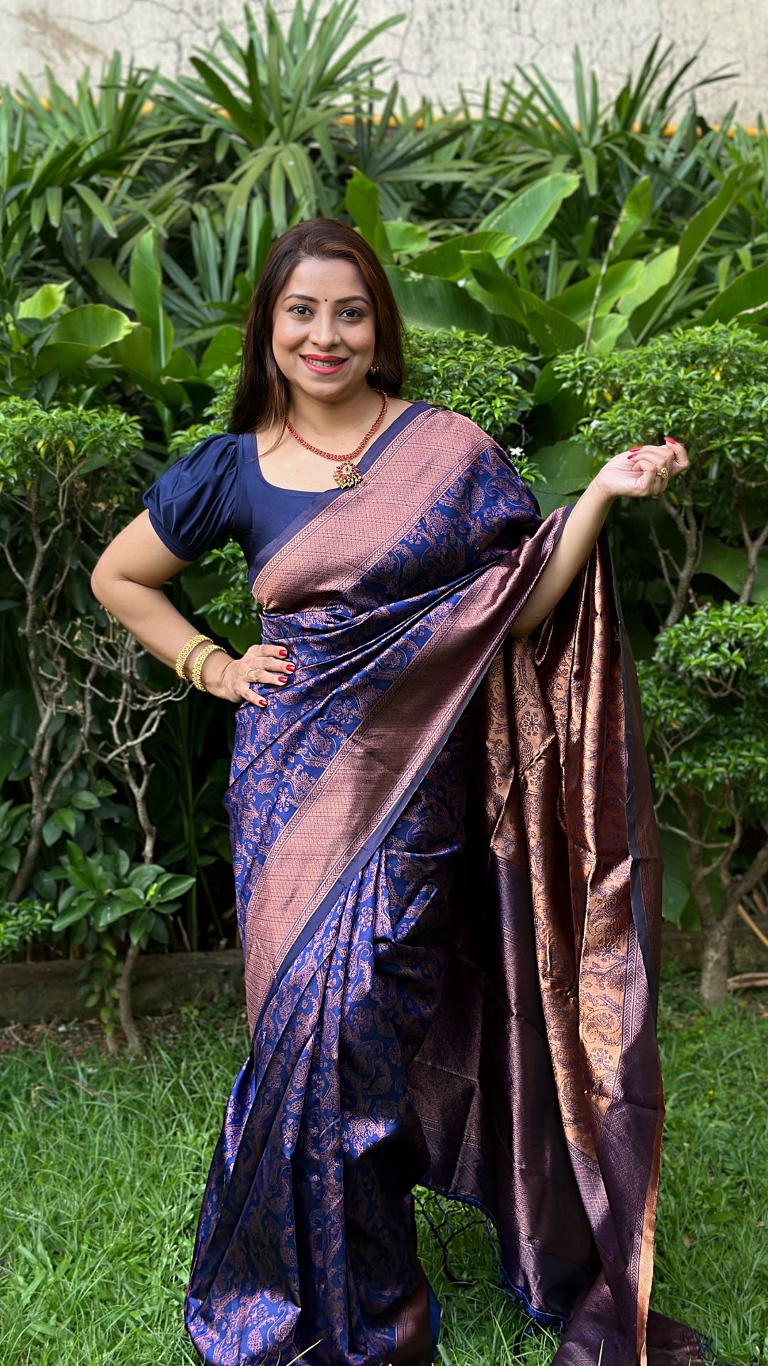 Royal Blue Banarasi Soft Silk Saree with Rose Gold Zari Woven Border