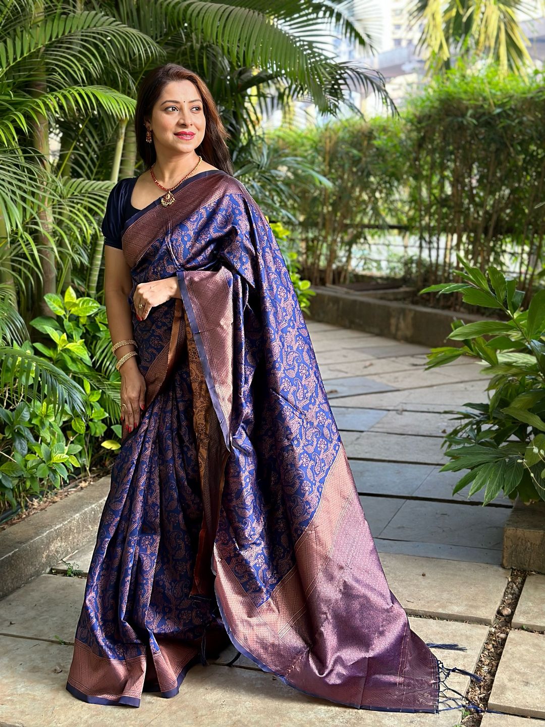 Royal Blue Banarasi Soft Silk Saree with Rose Gold Zari Woven Border